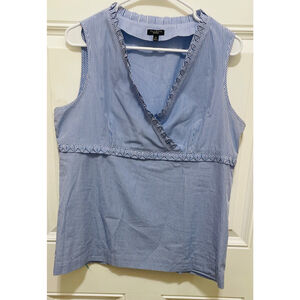 Talbots Striped Sleeveless Top Ruffle‎ Trim V-Neck Blouse Blue White Size 14